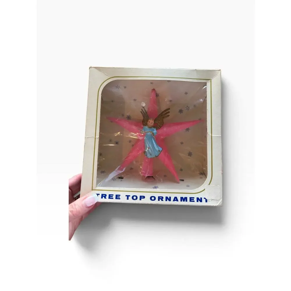 Vintage Jewelbrite Durable Plastic Pink Star Angel Tree Topper Mid Century Boxed